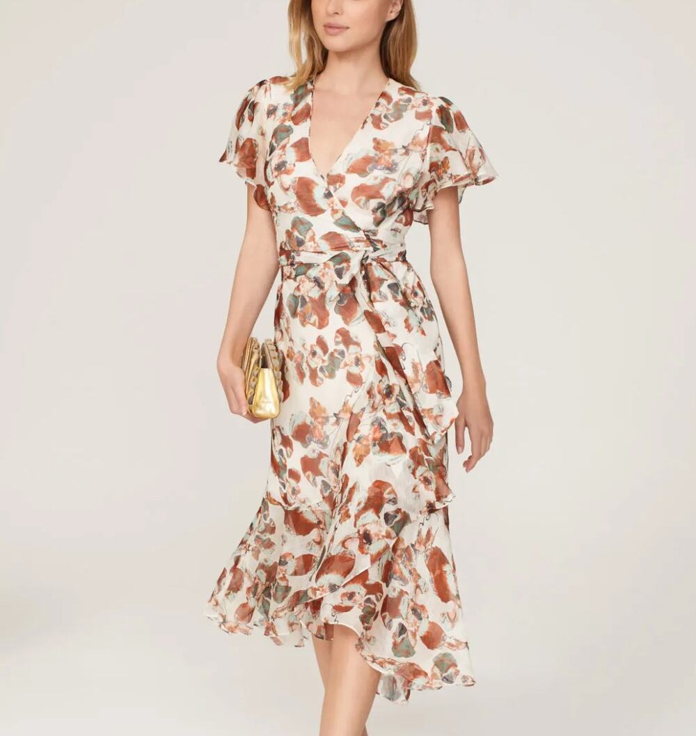 Tanya Taylor Fall Floral Wrap Dress SIZE 4 Silk Linen Brown Day Designer $565